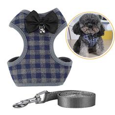 Conjunto de coleira e coleira para cães, malha macia, sem puxar, colete com sino de gravata borboleta para cães pequenos, filhotes e gatos, treinamento ao ar livre e corrida, padrão xadrez clássico