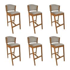 Kit 6 Banquetas Alta de Madeira Maciça Cerejeira Premium Ana com Encosto Linho Bege