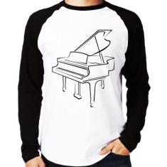 Camiseta Raglan Piano Manga Longa - Foca na Moda, Branco, Preto, P