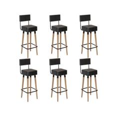 Kit 6 Banquetas Banco Alto Barcelona Couro Preto Bar Cozinha Pés Madei