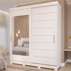 Guarda Roupa Casal Espelho e Pés 2 Portas de Correr 4 Gavetas Flora Panan - Branco