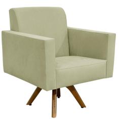 Poltrona Giratória Base De Madeira Suede Bege