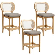 Kit 3 Banquetas Baixa Betta L02 Assento em Linho Base em Madeira com Encosto Fixo Bege
