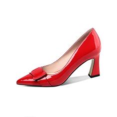 TinaCus Sapato feminino de couro envernizado feito à mão com salto alto e laço, Vermelho, 6