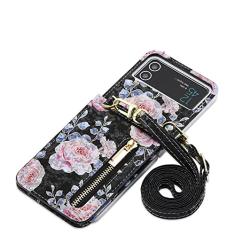 Capa transversal para celular para Samsung Galaxy Z Flip 4 3 5G Flip4 Flip3 Retrô Rose com slot para cartões Capa de couro com cordão, preta, para Galaxy Z Flip3 5G