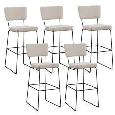 Kit 05 Banquetas Alta Base Em Aço Fixa Linho Cru