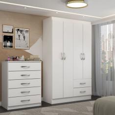 Guarda-Roupa Solteiro Lucy 4 Portas 2 Gavetas com Cômoda 5 Gavetas Branco - Panorama Móveis