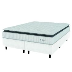 Cama Box Colchão Casal Queen Molas Ensacadas City Pillow Top 158x198x61cm Linho Branco / Preto Hellen - Suporta até 110kg por Pessoa