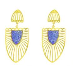 Brinco Folheado a Ouro 18k Glamour Brazão Com Brilho Safira