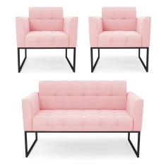 Kit 1 Sofá Namoradeira e 2 Poltronas Elisa Suede Rosa Bebê Base Metálica Industrial Preto D03 - D'Rossi