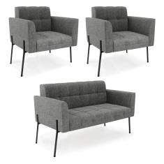 Sofá Namoradeira E 2 Poltronas Pé De Ferro Preto Elisa Linho Grafite A26 D03 - D'rossi