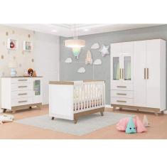 Quarto de Bebê Completo com Guarda Roupa com Janela Cômoda e Berço 100% MDF Jolie Retrô Branco Brilho/Carvalho