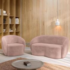 Conjunto 1 Sofá Living 160cm E 1 Poltrona íbis Encosto Fixo Veludo Rosê G33 - Gran Belo