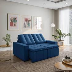 Sofá Cama Retrátil e Reclinável 3 Lugares 180cm em Veludo com Molas e Braço Reto Palmeira Cabecasa M Azul