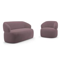 Kit Poltrona Giratória e Sofá Orgânico Living Glee 03 Lugares 170cm Veludo Rosê - Desk Design