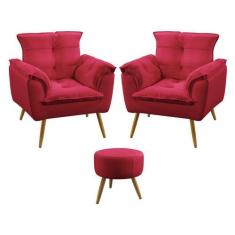 Kit 2 Poltronas Decorativas Estofada Opala e Puff Solar Sued Vermelho 
