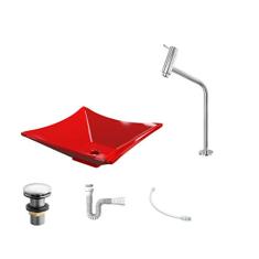 Kit Cuba L34 C/Torneira Link 1062 Metal + Válvula Click 1 1/2'' (4,0cm) + Sifão Pvc + Flexível Vermelho