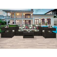 Conjunto Sofá Namoradeira 3 Lugares + 2 Poltronas + Mesa Centro em Aço e Junco Camburiú Café