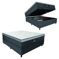 Cama Box Baú Casal Colchão Gazin Maximus Molas Ensacadas 138x188x65cm Linho Grafite / Preto - Suporta até 120kg por Pessoa