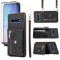Capa de telefone para Samsung Galaxy S10 capa carteira e protetor de tela de vidro temperado com alça transversal de pulso cordão suporte para cartão de crédito celular de couro S 10 Edge 10S GS10 X10