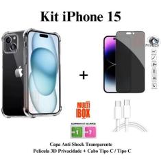 Kit Capa + Película Privacidade 3D de Vidro + Cabo Carregador Tipo C -