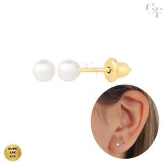 Brinco de Ouro 10K Pérola Natural 3mm Recém Nascido Infantil e Adulto 