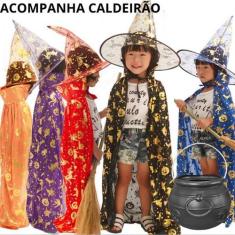 Fantasia Kit Bruxo Infantil Capa E Chapeu E Caldeirao Bruxa Bruxinha F