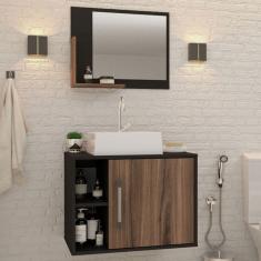 Armário De Banheiro Com Cuba E Espelho 1 Porta 2 Prateleiras Preto ônix/nogal