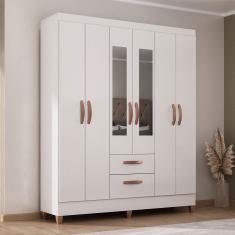 Guarda-Roupa Solteiro Fortaleza 6 Portas 2 Gavetas com Espelho Branco Brilho - Atualle Móveis