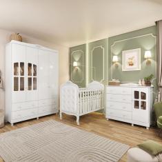 Quarto de Bebê Completo Berço Mini Cama com Capitonê Guarda Roupa Cômoda MDF Janela Elô New Móveis Peroba