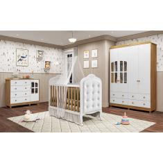 Quarto de Bebê Completo Berço Mini Cama com Capitonê Guarda Roupa Cômoda MDF Janela Elô New Móveis Peroba
