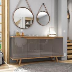 Buffet 160cm 4 Portas Pés em Madeira Maciça Grace Versátile Casa D Cinza Perola/Noce