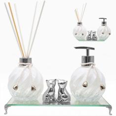 Kit Lavabo Luxo Prata Bandeja com Sabonete e Essência