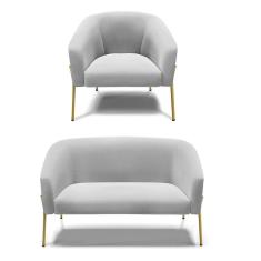 Sofá Namoradeira E Poltrona Pé De Ferro Dourado Stella Suede D03 - D'rossi Cor Cinza