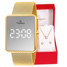 Relógio Feminino Champion Digital Espelhado Dourado CH40080B Colar e Brincos