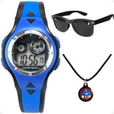 Relogio Digital Azul Infantil + Oculos Proteção Uv + Colar Social Silicone Led Presente Casual Preto