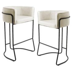 Kit 2 Banquetas Base Aço Preto Betina C-107 Linho Creme - Domi