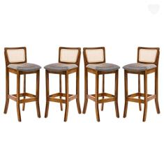 Rio Madeira, Kit 4 Banquetas Alta com Encosto em Rattan Portugal Estofado Linho Cinza L55 RMI