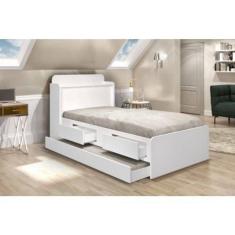 Cama Solteiro Tamires Baú Branco E Com Auxiliar