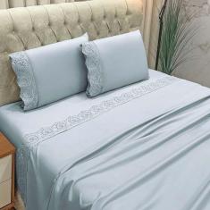 Jogo De Cama Lençol Bella King 4 Peças Micropercal 300 Fios Bordado Inglês Macio Cinza 100% Poliéster