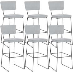Kit 06 Banquetas Alta Para Cozinha Sala De Jantar Base Em Aço Allana L02 Suede Cinza