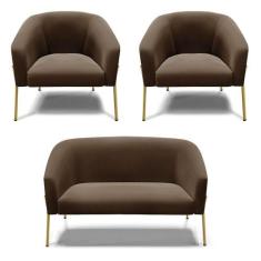 Sofá Namoradeira E 2 Poltronas Pé De Ferro Dourado Stella Suede D03 - 