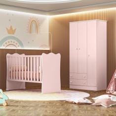 Quarto de Bebê Doce Sonho com Roupeiro 2617 e Berço Simples 1 Qmovi Rosa Acetinado