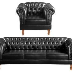 Conjunto Sofá Chesterfield 3 Lugares + 1 Poltrona Dom Pedro Preto