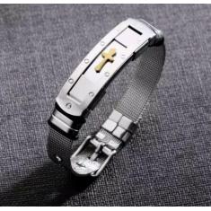 Pulseira Masculina Bracelete Malha de Aço Cruz Dourada Trabalhada - HO