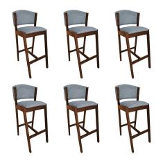 Kit 6 Banquetas Alta De Madeira Maciça Mel Premium Ana Com Encosto Linho Cinza - Cor: Cinza