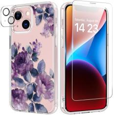 bicol Capa para iPhone 13 Mini com protetor de tela e lente de câmera - Design floral de flores elegantes para mulheres e meninas - Capa de telefone transparente de acrílico à prova de choque de 5,4