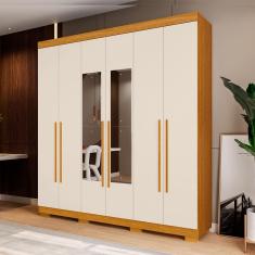 Guarda Roupa Casal Polônia 6 Portas 3 Gavetas MDP com Espelho Bege Médio Cinamomo-off White Linhamobília