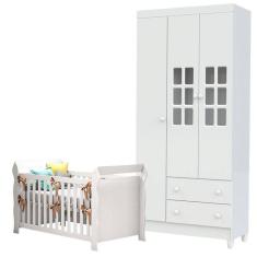 Berço Lara e Guarda Roupa Infantil 3 Portas Mariah Branco Brilho - Carolina