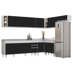 Armário De Cozinha Modulado De Canto 8 Peças Cp27 Com Pia Inox Branco/preto - Lumil